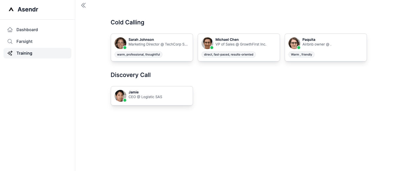 Asendr training workspace showing AI roleplay scenarios, stage navigation, and rep coaching insights